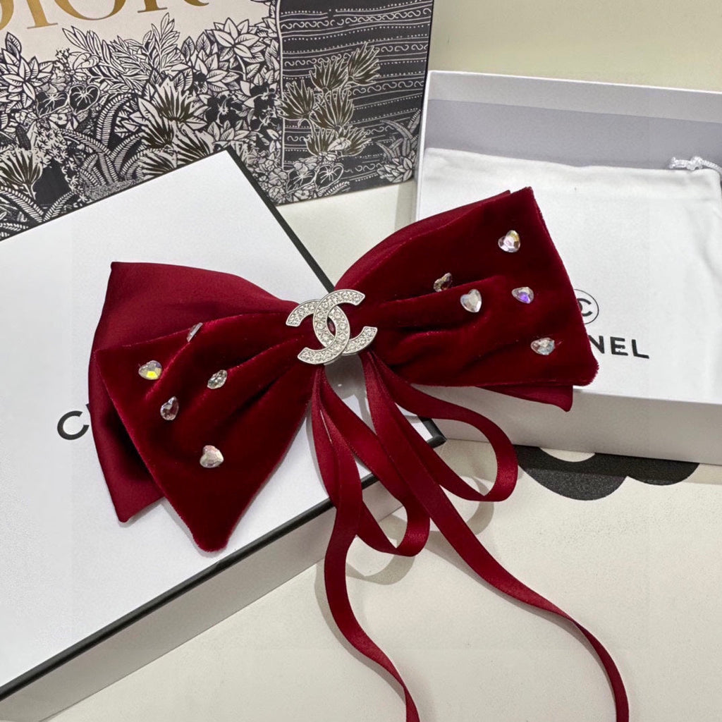 CHANEL CRIMSON RED VELVET HAIR CLIP WITH BOW AND CRYSTAL 412470