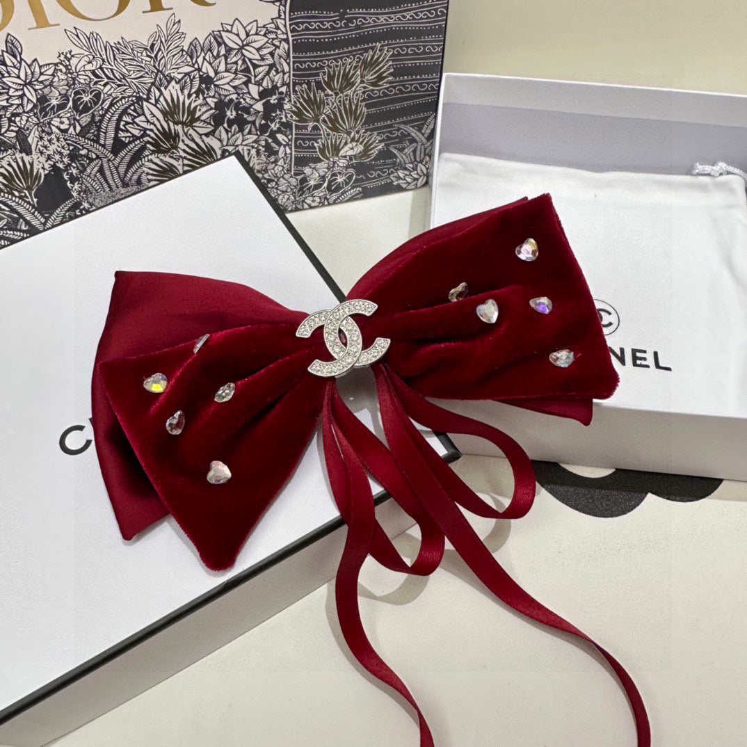 CHANEL CRIMSON RED VELVET HAIR CLIP WITH BOW AND CRYSTAL 412470