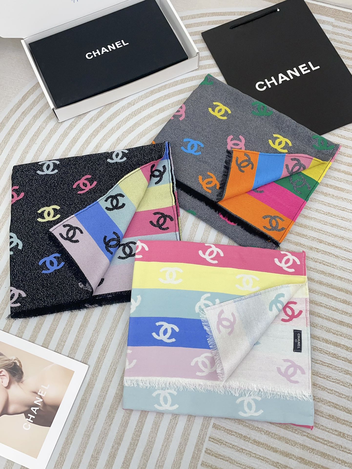 CHANEL RAINBOW SCARF 180 CM IN COLORFUL CASHMERE AND WOOL 390961
