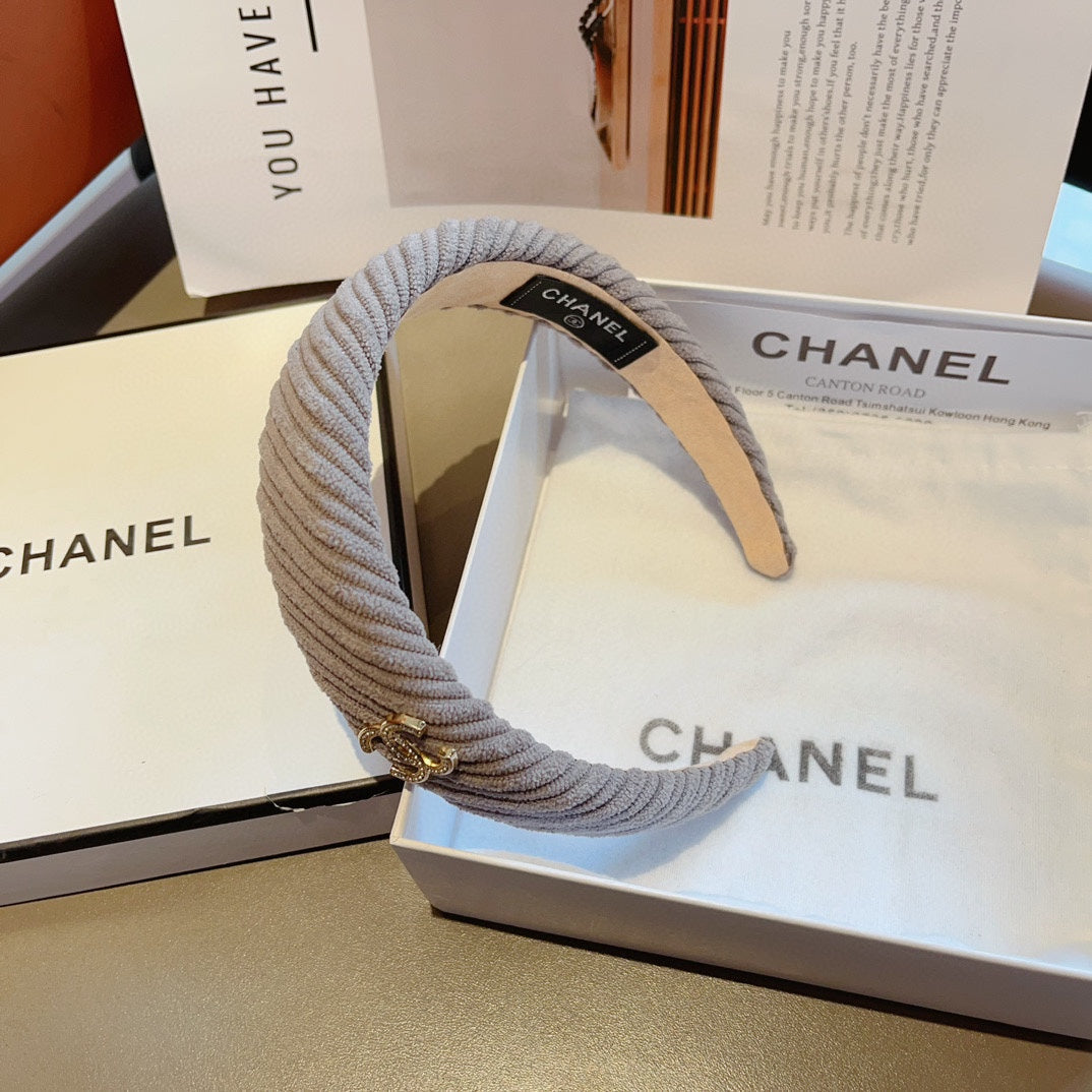 CHANEL KHAKI BROWN FABRIC HAIRBAND WITH GOLD LOGO 414435