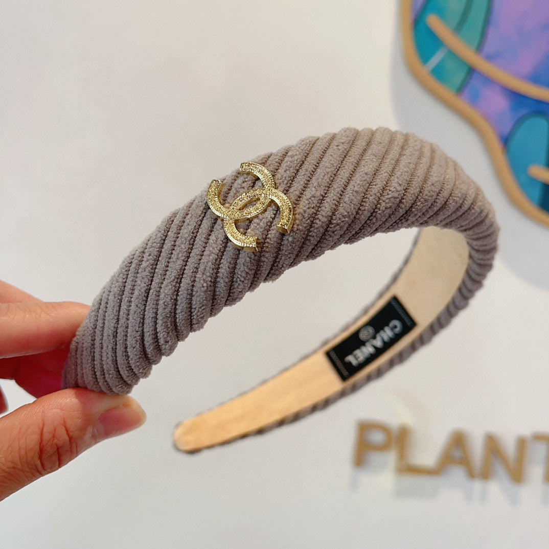CHANEL KHAKI BROWN FABRIC HAIRBAND WITH GOLD LOGO 414435