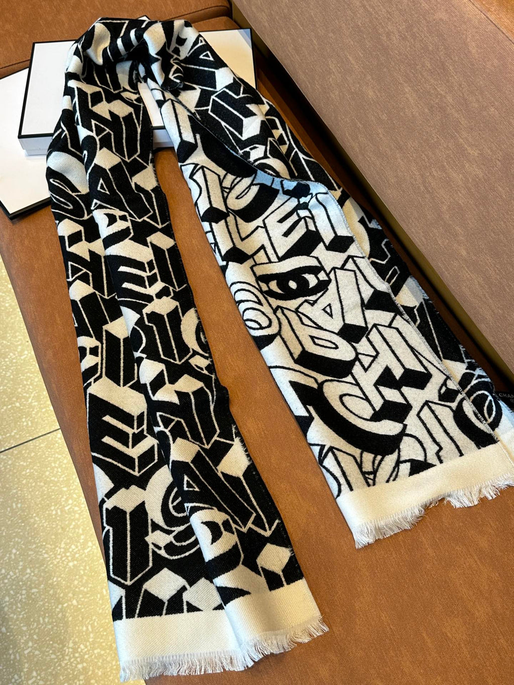 CHANEL LETTER LOGO 178 CM SCARF IN BLACK MIX WHITE SHEEP WOOL AND SILK 393103
