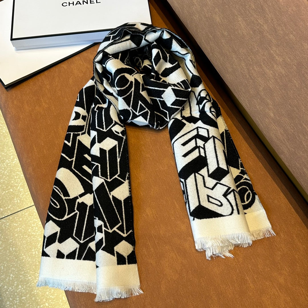 CHANEL LETTER LOGO 178 CM SCARF IN BLACK MIX WHITE SHEEP WOOL AND SILK 393103