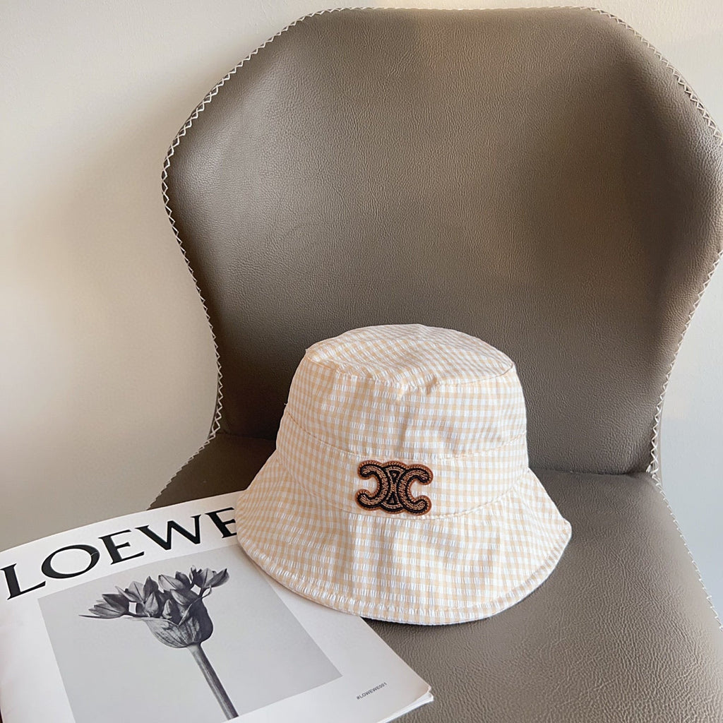 CELINE BUCKET HAT MODEL 652076 IN ORANGE & WHITE GINGHAM FABRIC