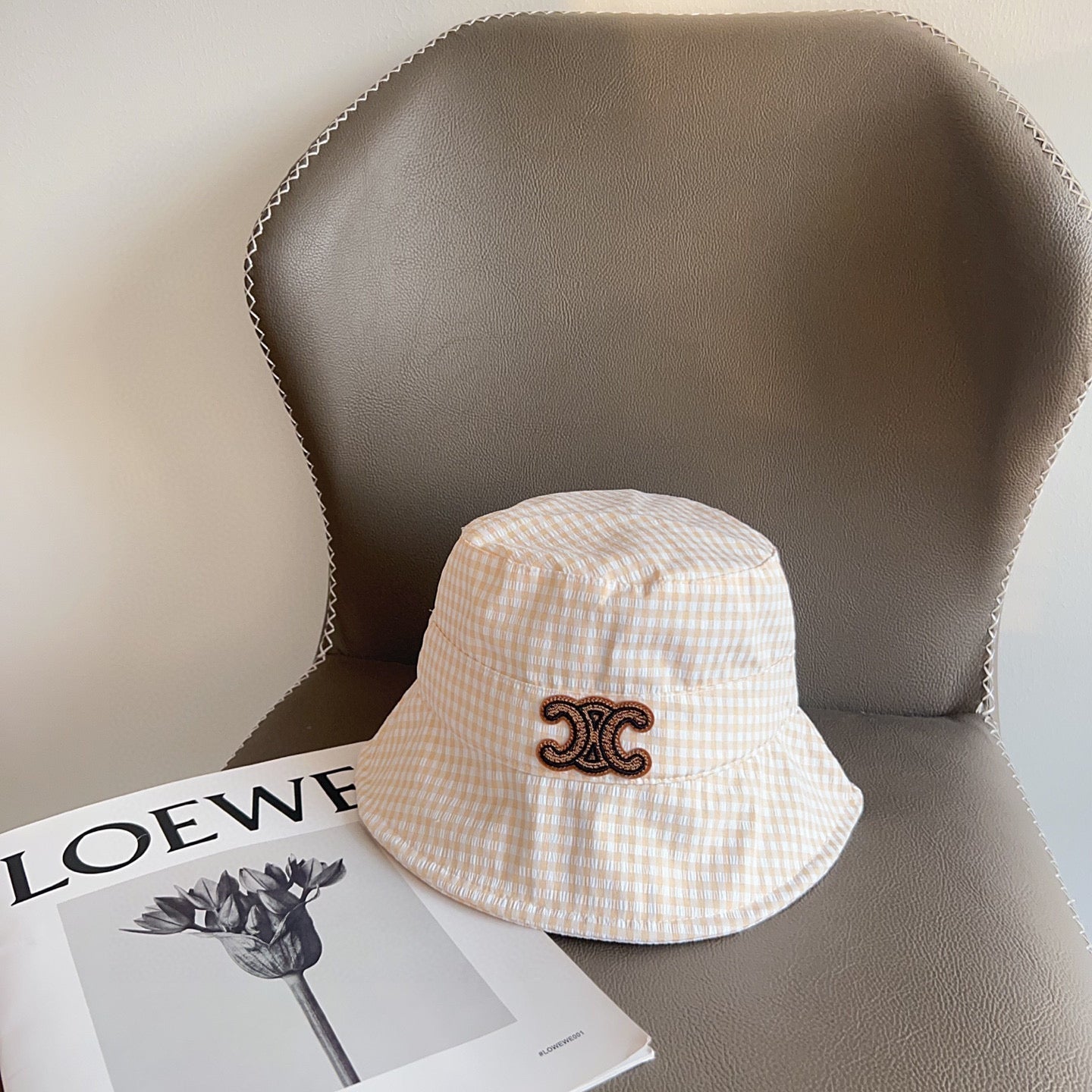 CELINE BUCKET HAT MODEL 652076 IN ORANGE & WHITE GINGHAM FABRIC
