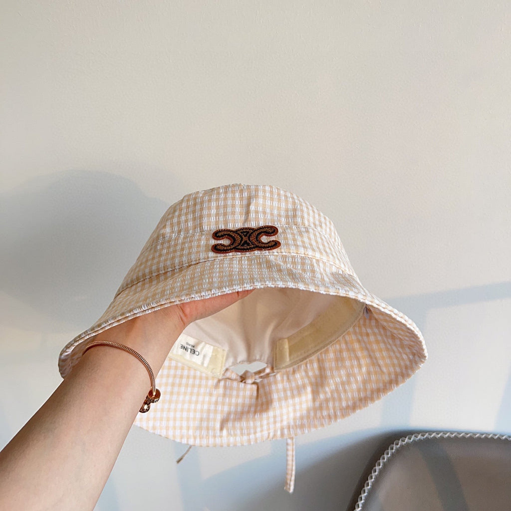 CELINE BUCKET HAT MODEL 652076 IN ORANGE & WHITE GINGHAM FABRIC