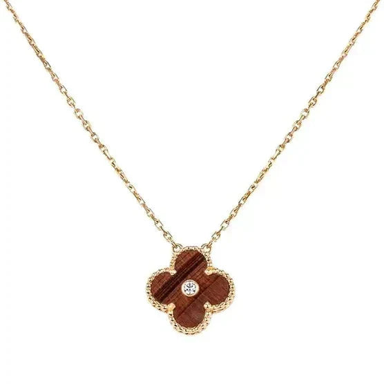VCA CLOVER 15MM DIAMOND AND YELLOW TIGER'S EYE AGATE necklace